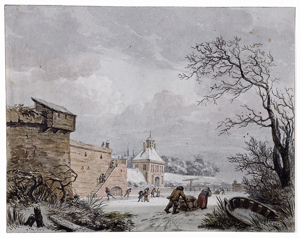 Romantisch wintergezicht; stadswal en -muur met gracht